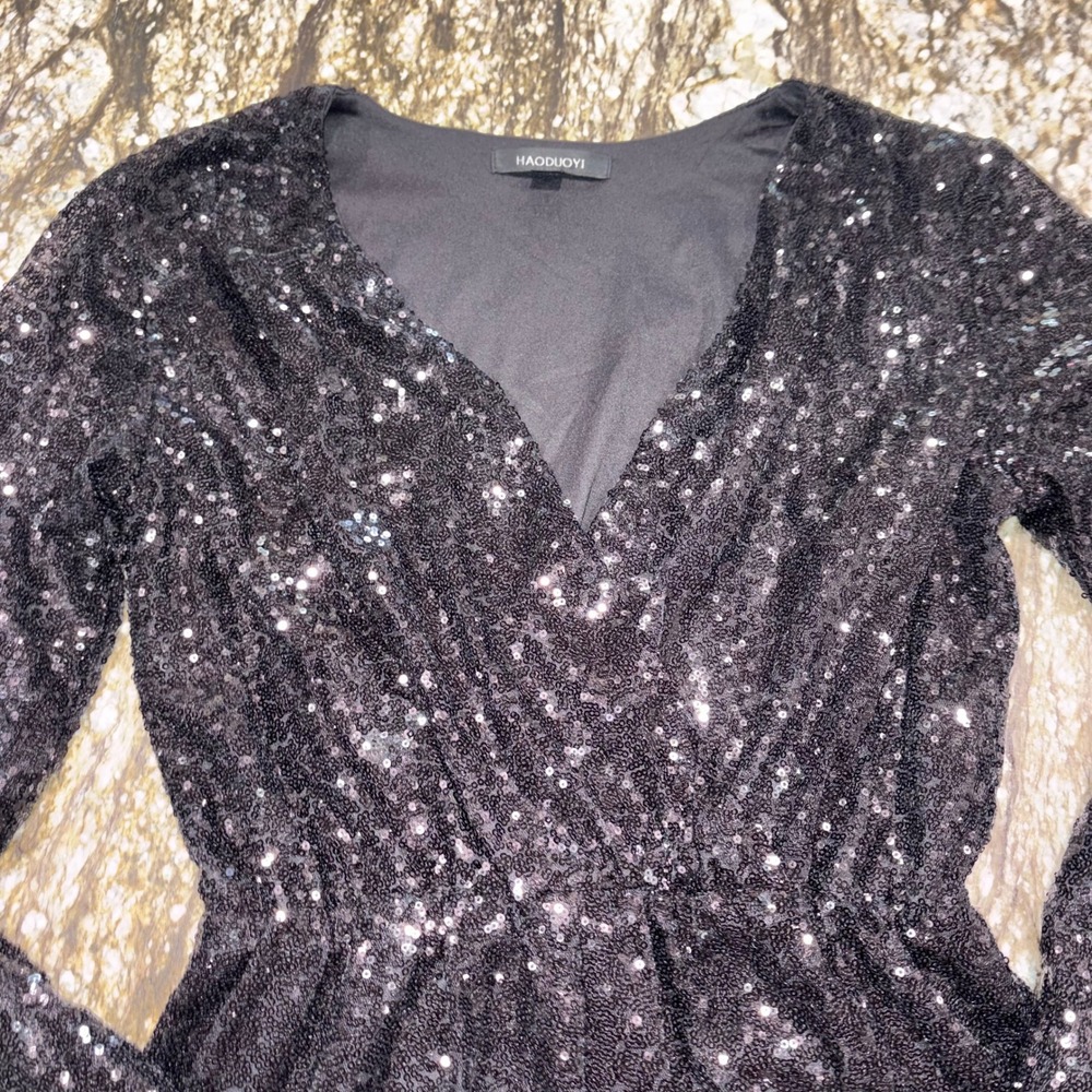 Sequin Romper Women Medium Black Long Sleeve V-Neck Party Playsuit HAODUOYI - Picture 2 of 16